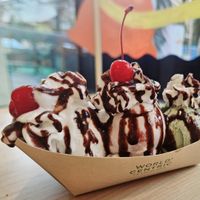 Banana Split Special with Strawberry, Pistachio & Cookie Dough Ice-Cream at Kate's Ice Cream in Portland