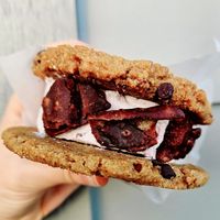 Strawberry Choclate & Covered Potato Chip Icecream Sandwich (Gluten Free) at Kate's Ice Cream in Portland