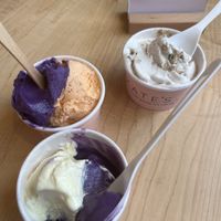 Ube/cream cicle; ube/crème brûlée; and chocolate cookie dough with homemade cookies!  at Kate's Ice Cream in Portland