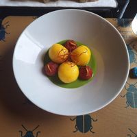 Saffron potato spheres stuffed with blue cheese at Scara e Beo in Cortona