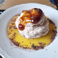 Caramelized fire coconut cream at Scara e Beo in Cortona
