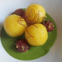 Potato balls with blue "cheese" at Scara e Beo in Cortona