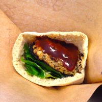 Close up of the burger with an excellent miso paste.  at Veggie Cafe in Kyoto