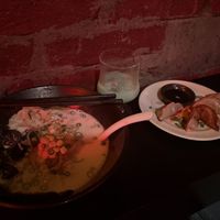 Tonkotsu ramen, grasshopper, and gyoza  at The Fire Bar in Osaka