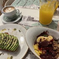  Madrid style avocado toast, acai bowl, oat milk cappuccino, mixed juice  at Brunch Club  in Madrid
