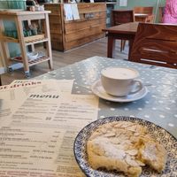 Fab almond croissant cookie with a chai latte at Maple Maple Strawberry in Fareham