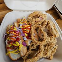 Hot dogs and onion rings at The Vegan Phoenix in Beaverton