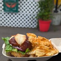 Fried "Chick"n Burger with waffle fries at The Vegan Phoenix in Beaverton