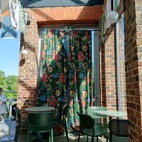 Part of the Morris-inspired decorations for the current exhibition (May 2025) at Deeney's Cafe in East London