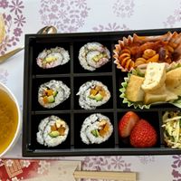 Healthy, tasty bento (with some plastic waste)   at M's Bento in Kyoto