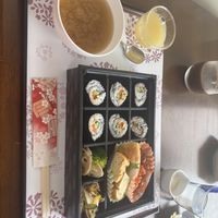 Miso, veg sushi, pickled veg, tofu, tomato pasta, apple jelly  at M's Bento in Kyoto