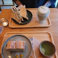 Savory Sandwich + Matcha Latte ; Yuzu Pound Cake + Matcha Tea at Midori in Bochum