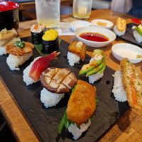 Mixed sushi platter (comes with Miso soup and a drink) at Vegan Sushi Tokyo in Tokyo