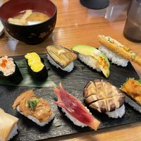 Vegan sushi plate with miso soup   at Vegan Sushi Tokyo in Tokyo