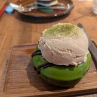 Matcha doughnut with ice cream at Vegan Sushi Tokyo in Tokyo