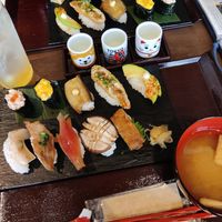 Premium sushi set with sake. at Vegan Sushi Tokyo in Tokyo