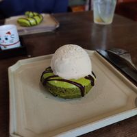 Matcha donut with ice cream on top. at Vegan Sushi Tokyo in Tokyo