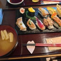 Basic sushi set including 10 types of sushi, miso sauce and ginger at Vegan Sushi Tokyo in Tokyo