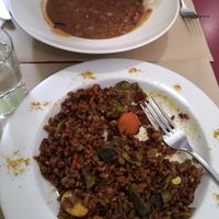 Red rice with vegetables + haricot bean soup at Amaranto in Port De Sagunt
