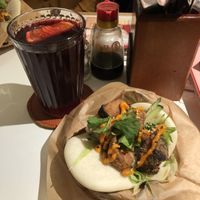 vegan bao and yuzu hibiscus drink  at Jen's Bing Café in Amsterdam