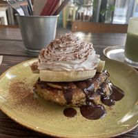 Pancakes with vegan chocolate sauce and whipped creamm  at Emilia Brunch & Cocktails in Guimaraes