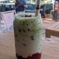 Iced strawberry matcha at Velicious Café in North Narrabeen