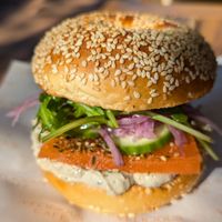 Vegan salmon and cream cheese bagel at Velicious Café in North Narrabeen
