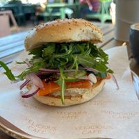 Smoked Salmon bagel at Velicious Café in North Narrabeen