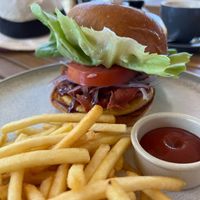 brekkie burger with fried "egg" & "bacon" at Velicious Café in North Narrabeen