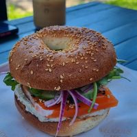 Salmon and cream cheese bagel at Velicious Café in North Narrabeen