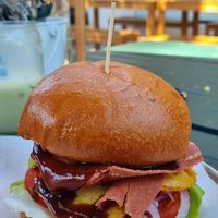 Brekkie burger at Velicious Café in North Narrabeen