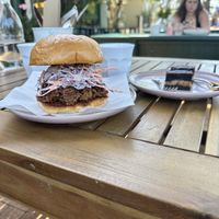 Pulled BBQ pork burgers and peanut butter brownie  at Velicious Café in North Narrabeen