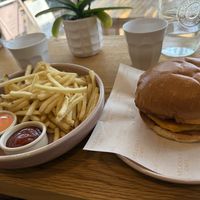 Cheese burger with fries  at Velicious Café in North Narrabeen