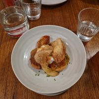 Potato and Chive dumplings (4 piece serve) with crispy chips on top at Bahjong in Geelong