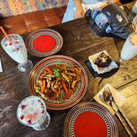 Mushroom pasta; iced rose coconut drink (highly recommend!!) at Xi Fusuba - 希府素吧 in Lijiang