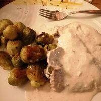 Seitan "scaloppine" with oven cooked brussels sprouts. at Samsara in Brugherio