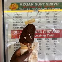 Vanilla non-dairy ice cream on a cone dipped in chocolate  at Dairy Twist Cafe in Wolverine Lake