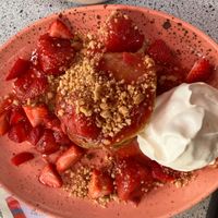 some defrosted strawberries (bad texture), whipped cream (not the best texture either), corn tasting pancakes at Mahalo - Kungsholmen in Stockholm