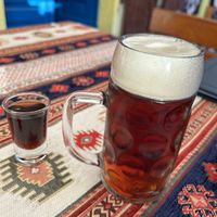 Amber ale and Walnut rakija  at Vrata Orijenta in Mostar