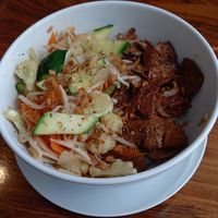 rice with vegan pork and vegetables (dish of the week) at Sosaku Vegan Restaurant in Vienna