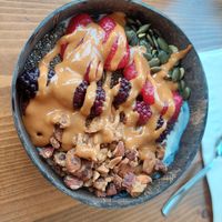 Vegan yoghurt bowl 7.5eur with added peanut butter 0.7eur at Food For Fit  in Sliema