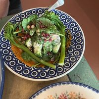 Dzialka Salad
Grilled broccolini, fried kipflers, romesco, salted almonds, chickpeas, leaves, seeds, chilli, pomegranate  at Borsch, Vodka & Tears in Windsor