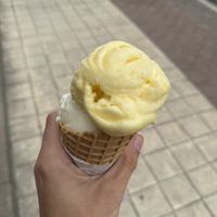 Mango and ananas ice cream in a waffle cone  at G&S Eiswelt in Sassnitz