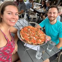 Enjoying a big vegan pizza in outdoor seating at Da Legna at Nolo in New Haven