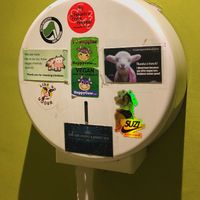 The cutest vegan stickers in the bathroom 🐷  at Le Potager du Marais - Saint Paul in Paris