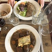 Seitan bourgignon with dauphinoise potatoes. Buckwheat pancakes stuffed with leeks.   at Le Potager du Marais - Saint Paul in Paris