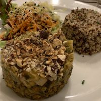 Pink lentils with smoked tofu, fresh seaweed and fennel grated with hazelnuts served with season salad and duo of quinoa  at Le Potager du Marais - Saint Paul in Paris