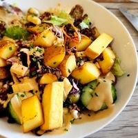Tofu/walnut/potato salad w/warm vegan cheese at Le Potager du Marais - Saint Paul in Paris