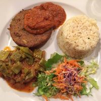 Quinoa burger with provencale sause, rice&amomd, vegetables and salad at Le Potager du Marais - Saint Paul in Paris
