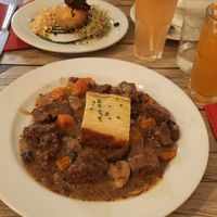 Seitan Bourguignon with potatoes, potato with tapenade, watercress soup and plant sodas at Le Potager du Marais - Saint Paul in Paris